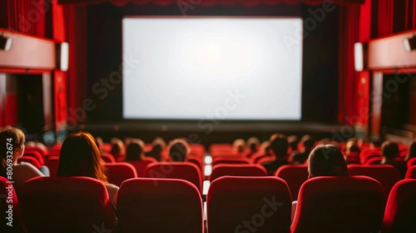 Obraz Audience seated in a movie theater looking at a bright blank screen, with plush red seats.