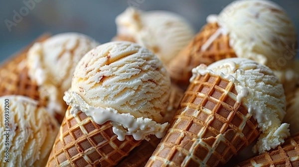 Fototapeta   A pile of waffles with ice cream on top has a bite taken out of one waffle