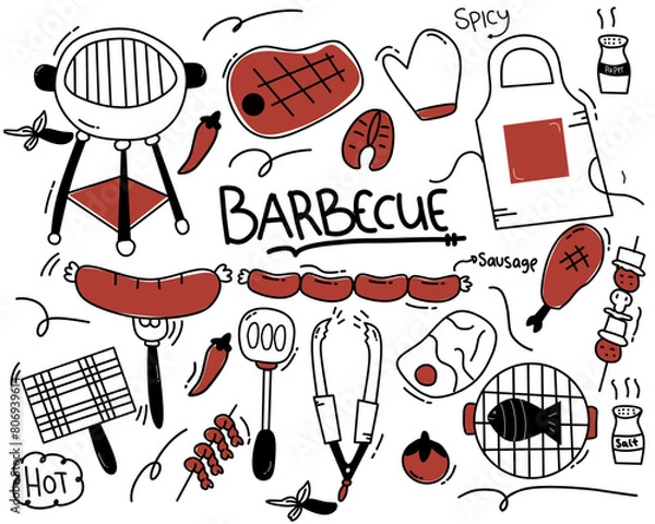 Fototapeta Barbecue grill hand-drawn outline doodle Set. BBQ Vector Illustration Barbecue party Sketch. Barbeque tools charcoal firewood and products hand drawing red black and white 