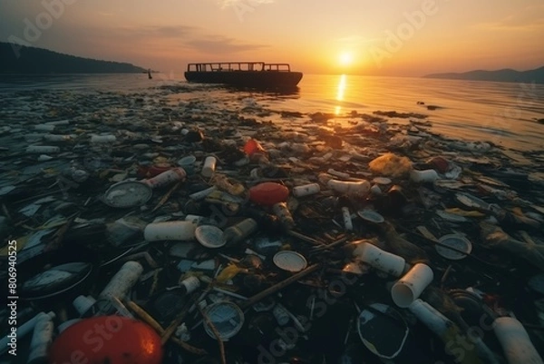Fototapeta Close-up View of Plastic Waste and Bottles Polluting the Pristine Beach During a Breathtaking Sunset, Illustrating an Alarming Environmental Crisis and Urgent Call for Conservation Efforts