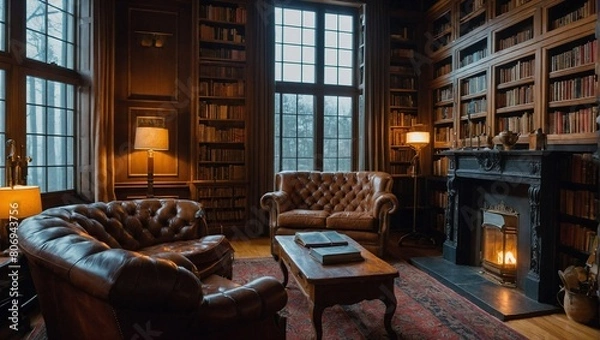 Fototapeta A cozy library with floortoceiling bookshelves filled