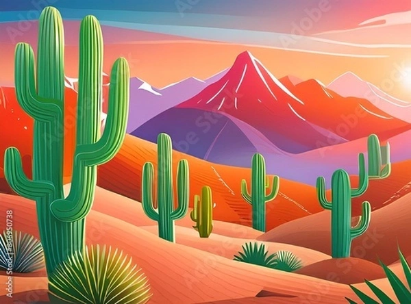 Obraz Desert landscape with cactuses and mountains in cartoon style. Design element for poster.