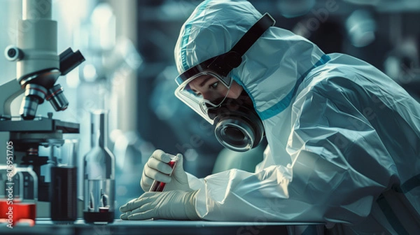 Fototapeta Professional scientist In protective gear testing samples in a lab