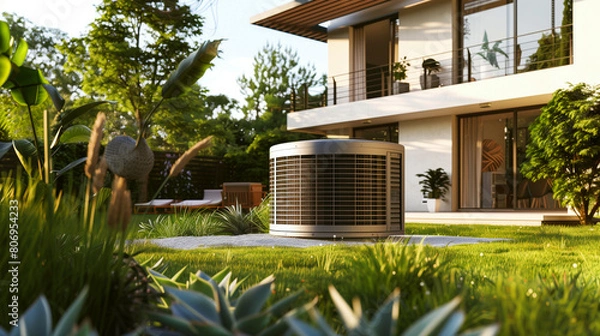 Fototapeta A modern air conditioning unit outside a luxurious house with a lush green garden.