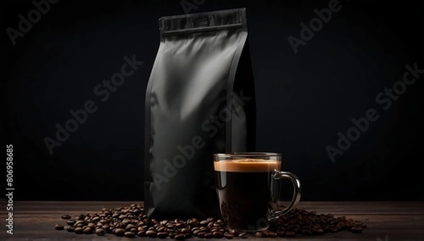 Obraz Black paper coffee bag packaging mockup with spilled coffee beans on a coffee table, suitable for branding, mockup for marketing, mockup for packaging. isolated on black background.