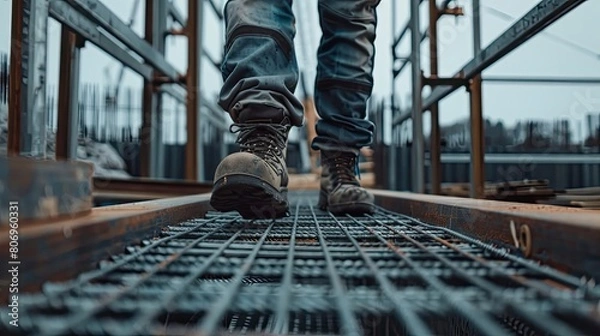 Fototapeta Close up of worker walking on metal platform at construction site. Engineer banner