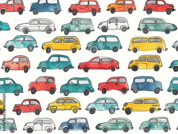Fototapeta Let your creativity shine with a playful hand-drawn car design perfect for kids' fabrics, especially for boys. Unleash your imagination and have fun with this fun pattern!