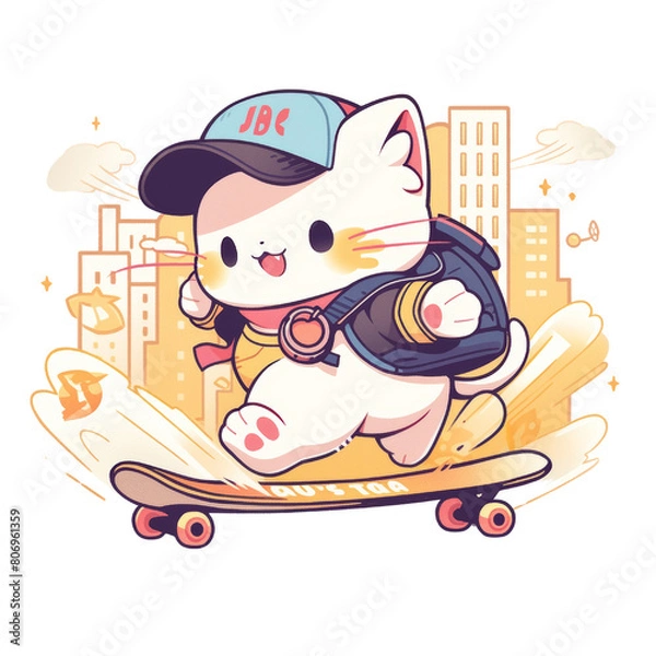 Fototapeta A cute cat wearing a hat and backpack skateboarding down a city street. The cat is smiling and looks like it is having a lot of fun.