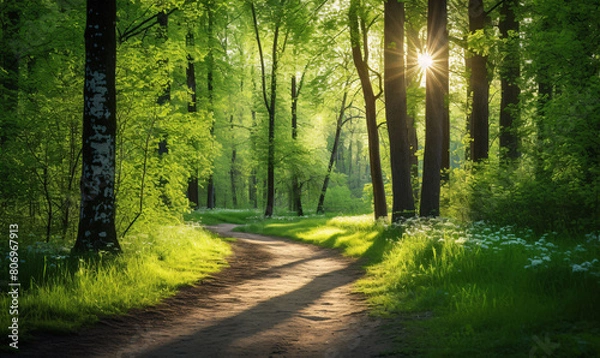 Fototapeta A winding forest path through a sunny green forest illuminated by the sun's rays.