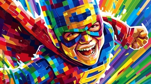 Fototapeta Illustrate the exuberance of childhood with a close-up of a kids laughter while donning a colorful superhero suit in a dynamic pixel art style