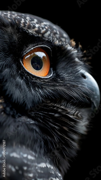 Fototapeta A close up of an owl's face with a bright orange eye