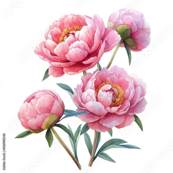 Fototapeta Watercolor illustration of a peony. Botanical flower on an isolated white background.