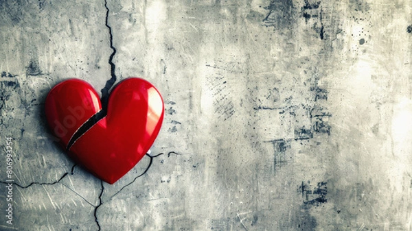 Fototapeta  An artistic representation of a red glossy heart cracked in half on a rough concrete background, symbolizing broken love or heartache