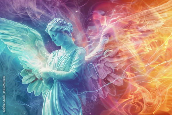 Fototapeta Earthbound Angels: Navigating the Trials of Human Existence. Bright angel in colorful radiance