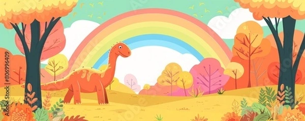Obraz cartoon dinosaur on a rainbow background.