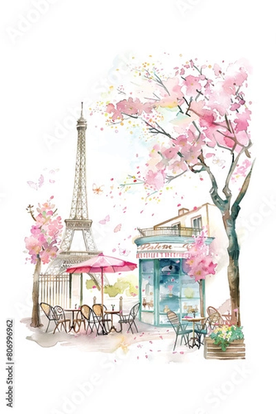 Fototapeta A painting of a Parisian street with a pink tree and a pink umbrella. The scene is set in a cafe with a pink building and pink chairs. The painting has a romantic and dreamy mood