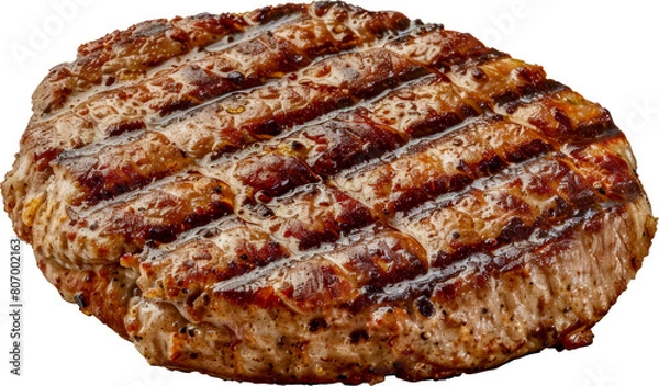 Fototapeta Grilled pork patty with char marks cut out on transparent background