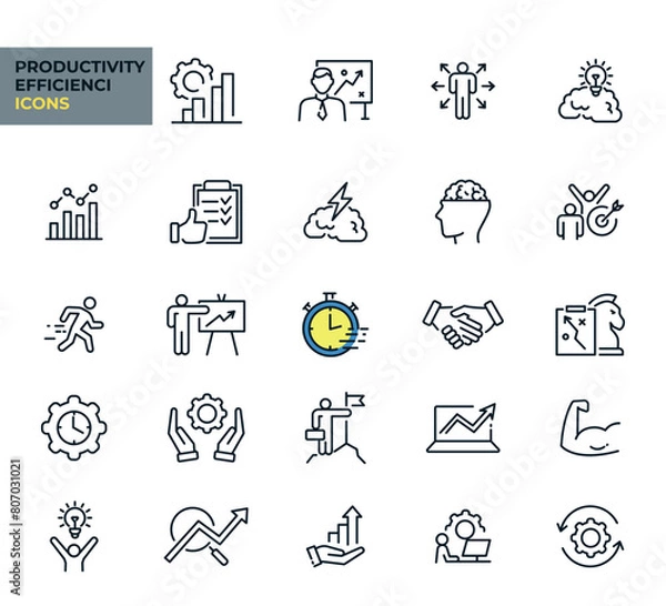 Fototapeta Productivity and Efficiency web icons line style. Collection, business, success, goal, planning, process, performance. Vector illustration