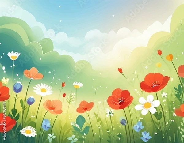 Fototapeta Lush meadow filled with wildflowers such as poppies, daisies, and bluebells