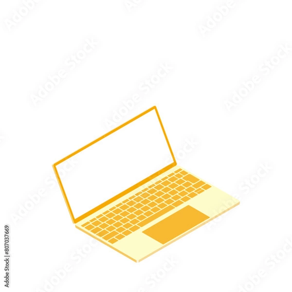 Fototapeta 白色画面のノートパソコン（16:9・アイソメ・右向き・自然な傾き・オレンジ・1台）