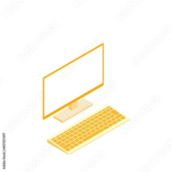 Fototapeta 白色画面のキーボード別のモニター（16:9・アイソメ・右向き・オレンジ・1台）