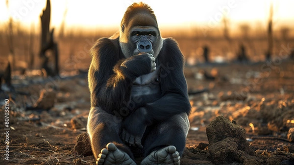 Obraz Gorilla sits in a burned down forest with sadness in his eyes