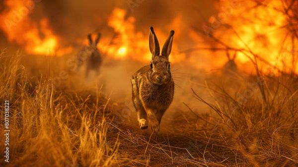Obraz Rabbits running from grass fire with fear