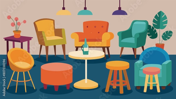 Fototapeta The seating options are a mix of mismatched chairs plush couches and bar stools giving the interior a bohemian feel. Vector illustration