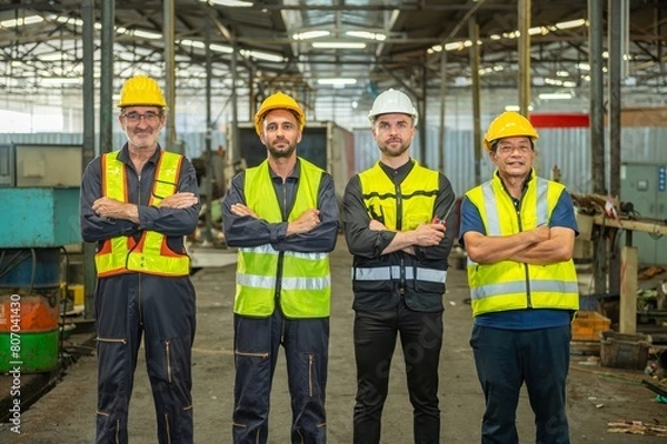 Fototapeta Group of colleague Engineer team join stack hand together with Spirit diversity solidarity power team in factory. foreman Join hand show oneness unity together teamwork friendship empower.