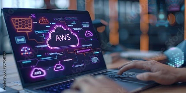 Fototapeta man working on a laptop with AWS web services holographic digital business hub device