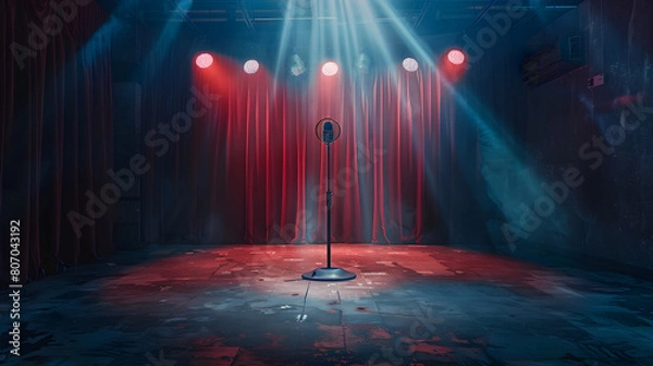 Fototapeta a stage with a red curtain as a background with a mic stand in the middle and spotlights for performing