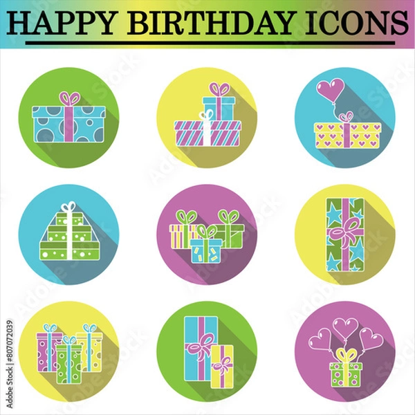Obraz Set of birthday flat icons with shadow on the white background. Celebration icons. Isolated vector. Gift icons.