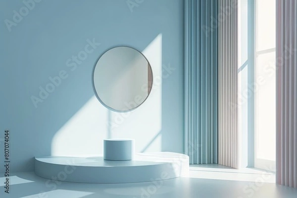 Obraz A blue room with a white mirror and a white pedestal