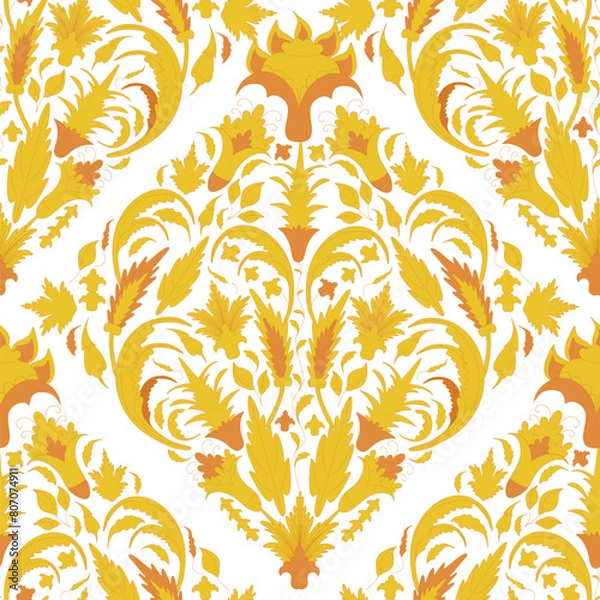 Fototapeta Seamless golden Scandinavian folk design elements. Vector illustration with flowers on a white background
