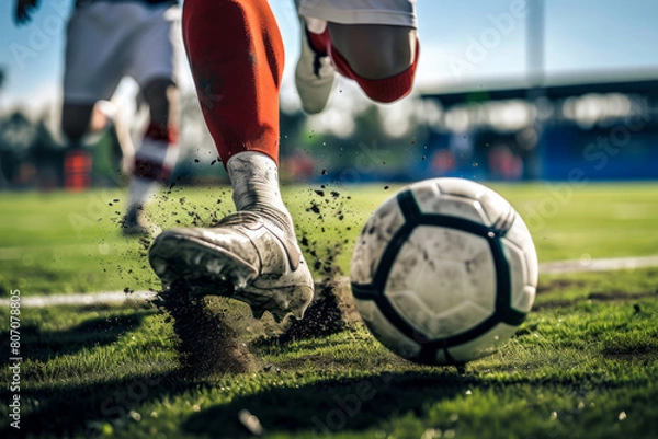 Fototapeta A soccer player dribbling and kicking a ball on a field