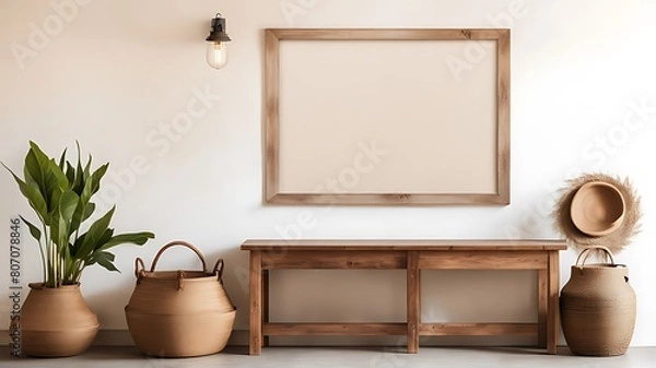 Obraz  Wooden rustic bench near white wall with frames. Farmhouse, country, boho interior design of modern home entryway, hall. 