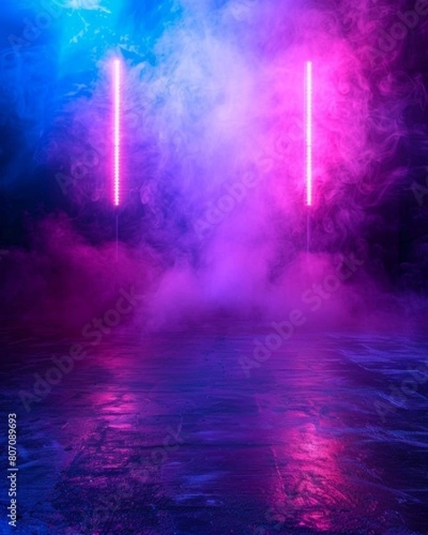 Fototapeta Empty Dark Stage with Neon Lights and Spotlights

