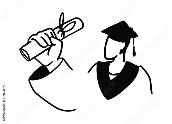 Fototapeta Student's hand with a diploma. A scroll tied with a ribbon. Certificate of academic achievement. Flat vector illustration in cartoon style. Graduate in ceremonial clothes. Celebrating completion.