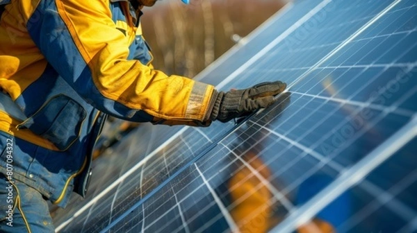 Fototapeta Engineer installing photovoltaic panels in a solar farm, harnessing renewable energy for sustainable power generation.