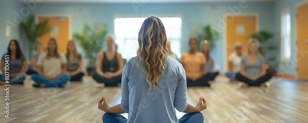 Obraz Health and wellness theme with a meditation instructor leading a group through mindful breathing exercises
