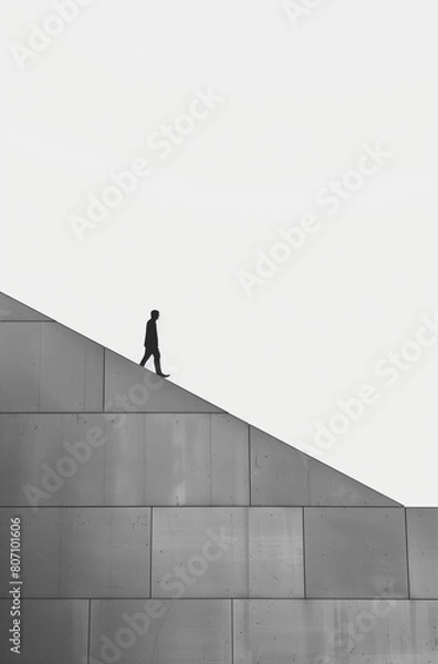 Fototapeta Minimalistic black and white photograph of a man walking on the edge of a building.Minimal creative urban and risk concept.