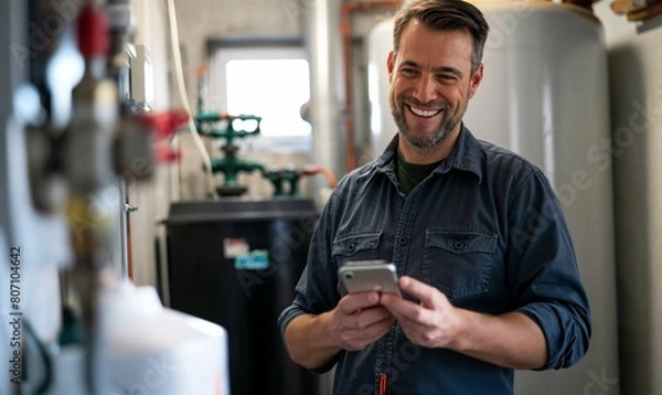Fototapeta Happy homeowner plumber, HVAC technician, man using a mobile phone in a basement by water heater, burner, duct work. DIY repair or install, happy with work done, quote 