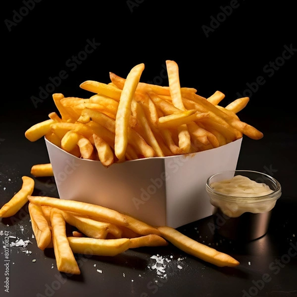 Obraz barquette de frites dores prtes manger isol,panier de frites,chip,fast,french,golden,lunch,restaurant,cardboard,recycling,break,holland,plastic,gold,oil,slice,unhealthy,junk,sauce,tomato,generate ai


