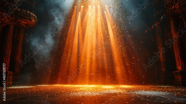 Fototapeta Gold and Yellow color rays glitter spotlights with elegant an empty stage abstract background