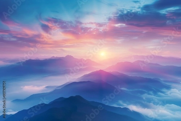 Fototapeta KSBeautiful misty valley at sunrise aerial view of mount