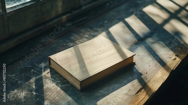 Obraz book cover on table with shadows not write anying on it,copyspace