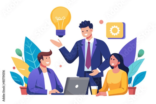 Obraz Solution expert solving problem or leader giving advice in meeting discussion thinking for solution creativity or professional to help eureka moment concept businessman with bright lightbulb modern