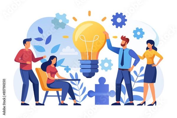 Fototapeta Team building team collaboration for business idea teamwork to solve problem strategy plan to work together for success concept businessmen and businesswomen team up to solve lightbulb jigsaw modern