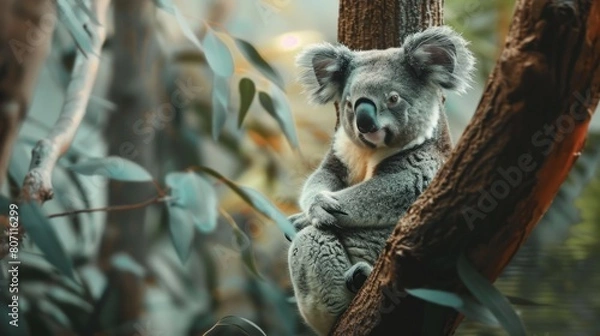 Obraz Koala Bear Sit On The Branch of the tree and eat leaves 4K Wallpaper.