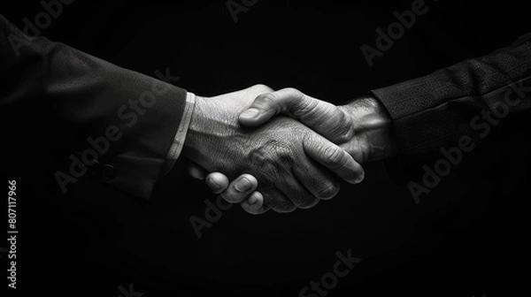 Fototapeta The stark contrast of a firm, detailed handshake against a deep black background, emphasizing the seriousness and commitment of the agreement.